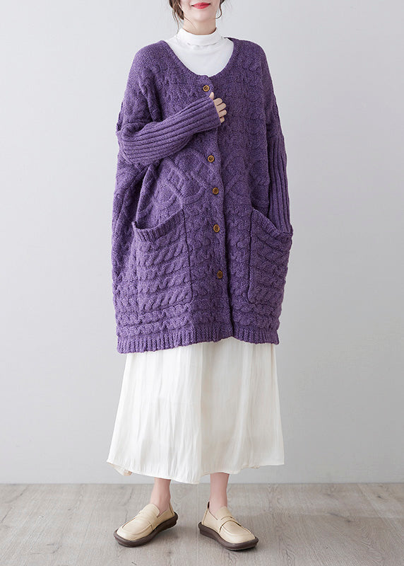 Purple O-neck Button Knit Loose Knit Cardigans Spring F4176