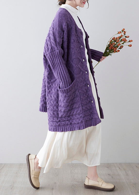 Purple O-neck Button Knit Loose Knit Cardigans Spring F4176