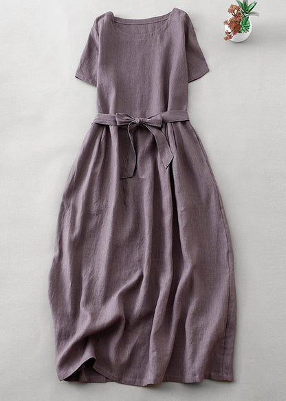 Purple O Neck Tie Waist Pockets Linen Long Dress Summer Ff044