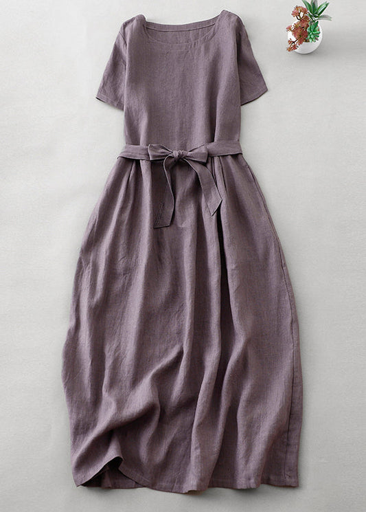 Purple O Neck Tie Waist Pockets Linen Long Dress Summer Ff044