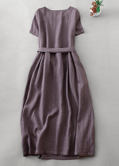 Purple O Neck Tie Waist Pockets Linen Long Dress Summer Ff044