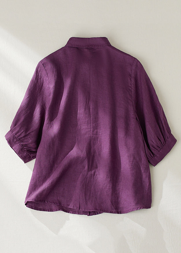 Purple Peter Pan Collar Button Linen Blouse Summer Gg031