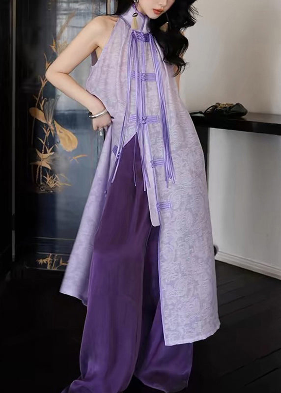 Purple Stand Collar Asymmetrical Button Tassel Maxi Dresses Summer Uu1032