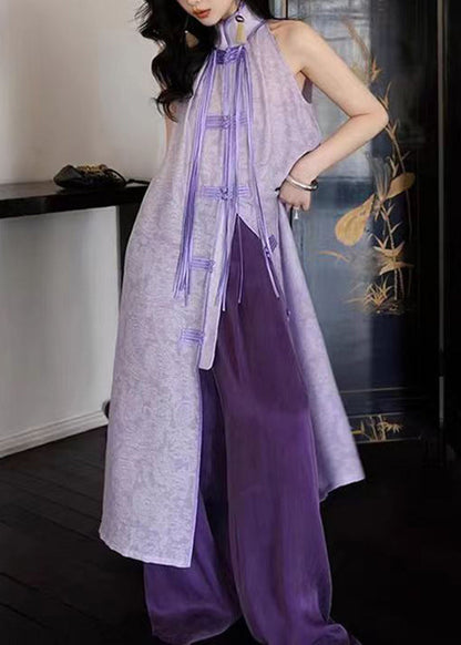 Purple Stand Collar Asymmetrical Button Tassel Maxi Dresses Summer Uu1032