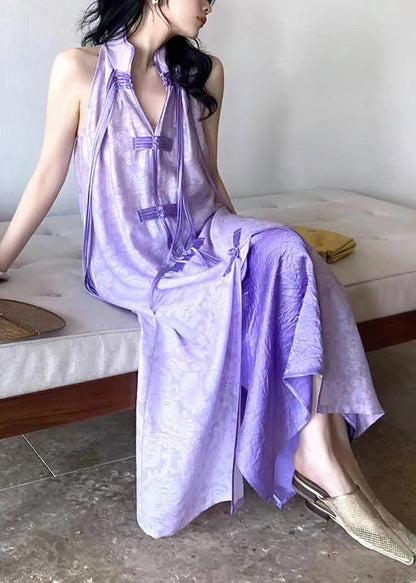 Purple Stand Collar Asymmetrical Button Tassel Maxi Dresses Summer Uu1032