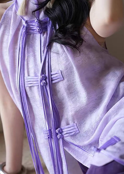 Purple Stand Collar Asymmetrical Button Tassel Maxi Dresses Summer Uu1032