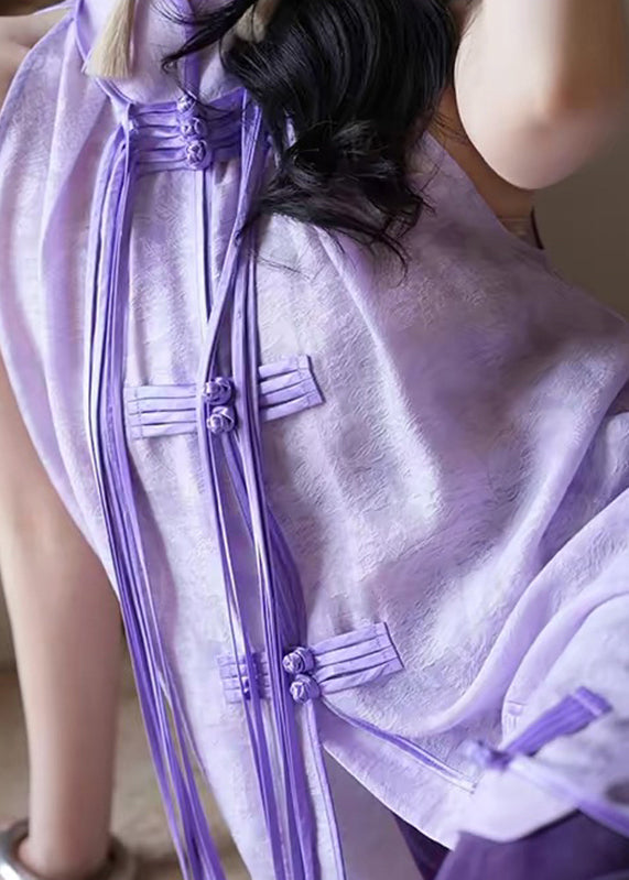 Purple Stand Collar Asymmetrical Button Tassel Maxi Dresses Summer Uu1032