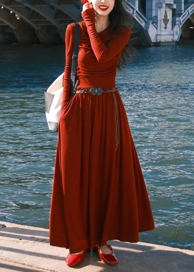 Red O-neck Pockets Cotton Long Dress Spring Yt032