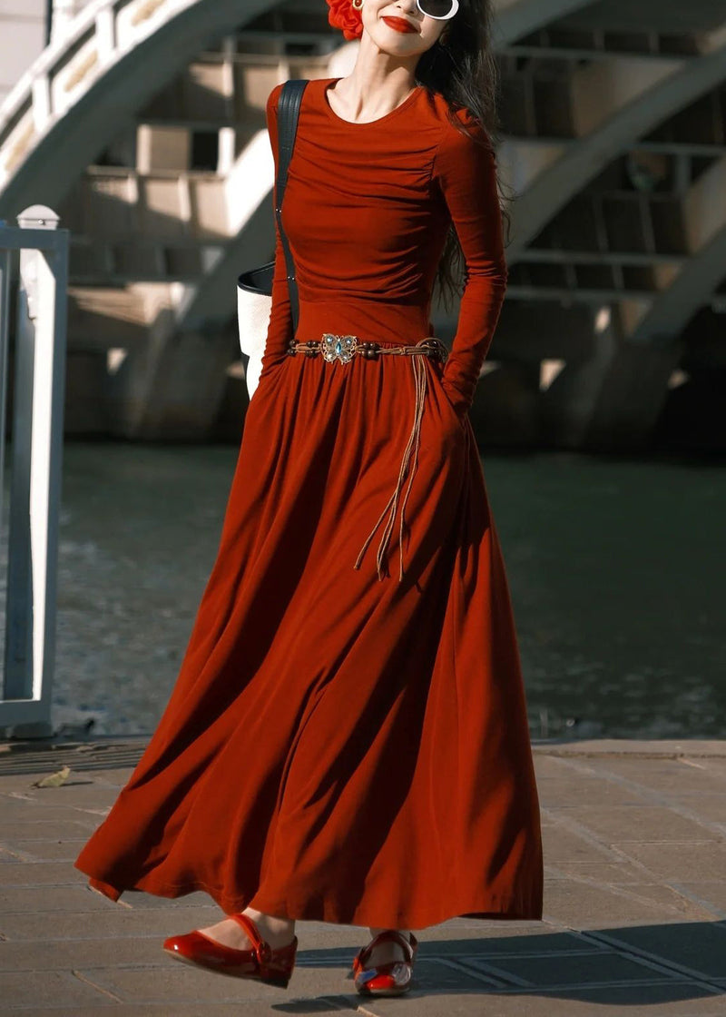 Red O-neck Pockets Cotton Long Dress Spring Yt032
