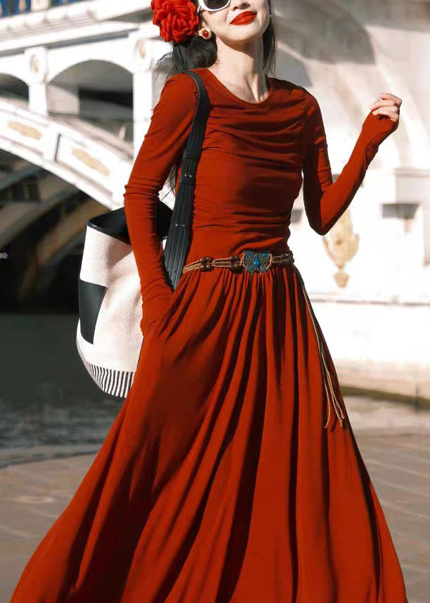 Red O-neck Pockets Cotton Long Dress Spring Yt032