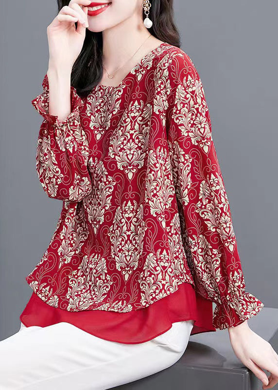 Red O Neck Print Patchwork Chiffon Blouses Flare Sleeve Op1066