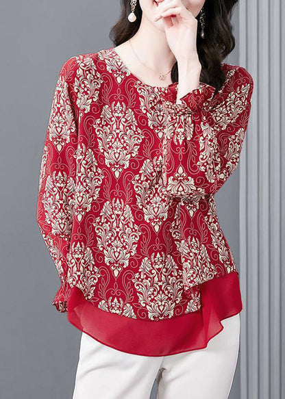 Red O Neck Print Patchwork Chiffon Blouses Flare Sleeve Op1066