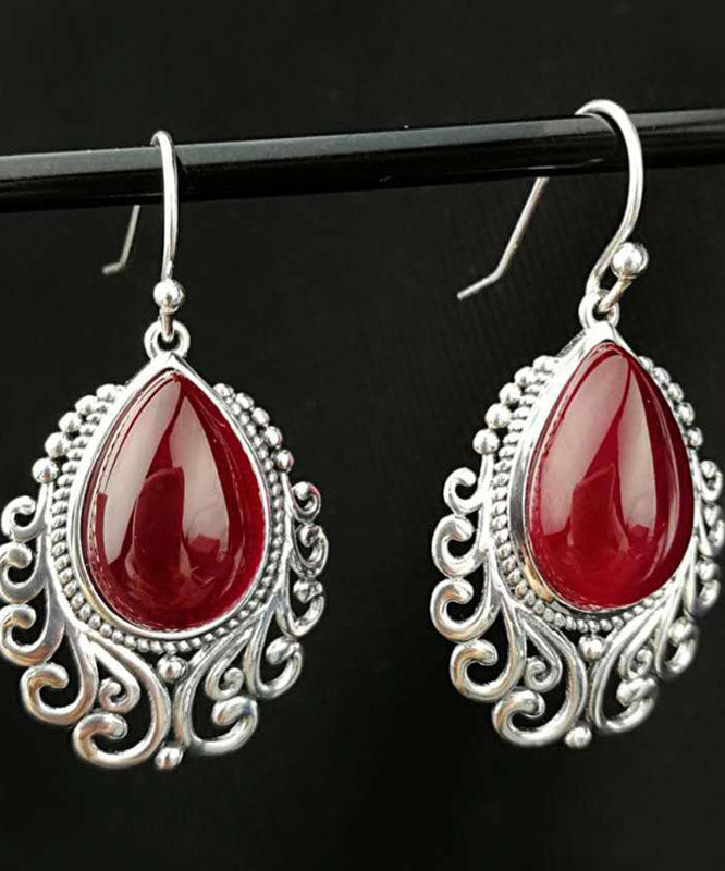 Red Sterling Silver Hollow Out Jade Water Drop Drop Earrings