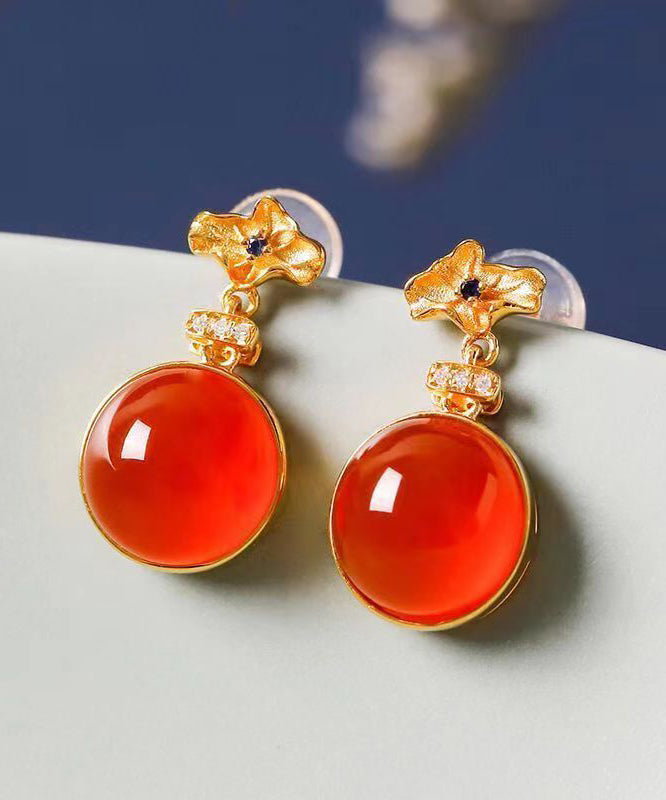 Red Sterling Silver Inlaid Zircon Agate Stud Earrings