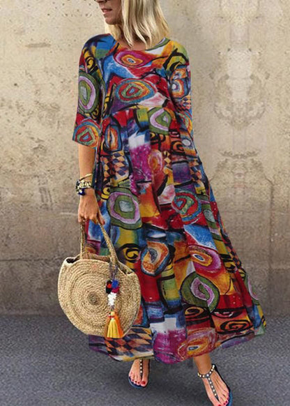 Retro O-neck Print Sleeveless Maxi Dress Red Lc0041