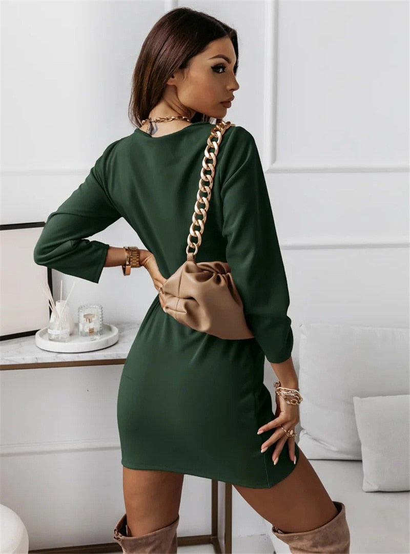 Color Dresses V-neck Long Sleeve Slim Mini Dress