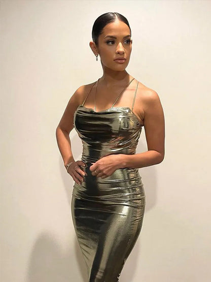 Gold Spaghetti Strap Backless Maxi Dress