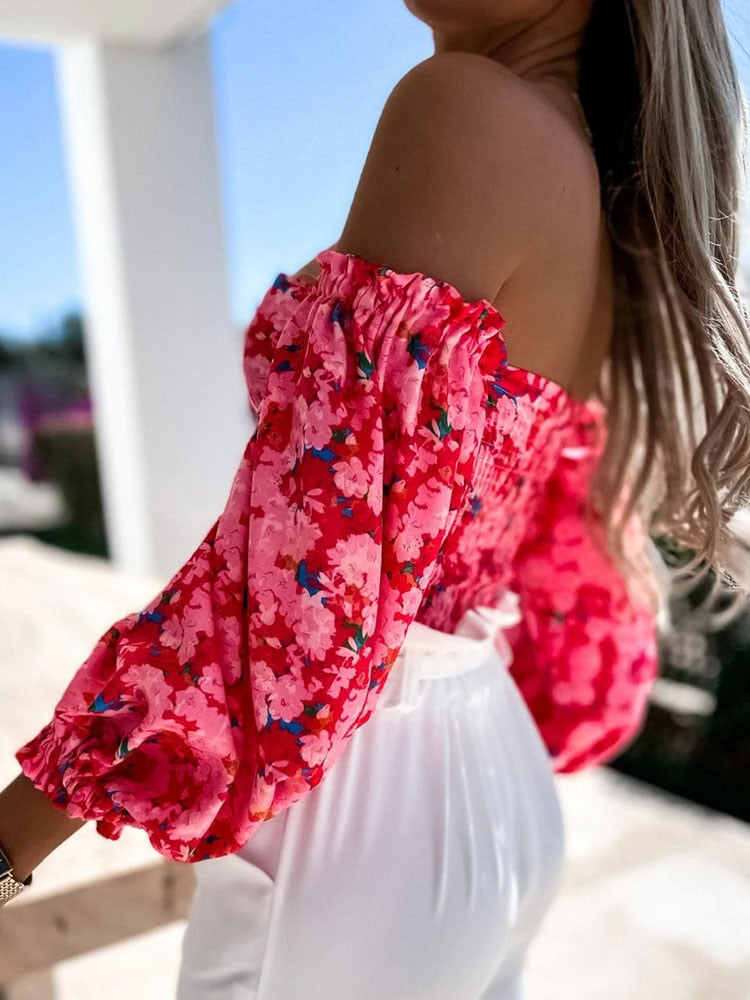 Top Summer Off Shoulder Blouses Holiday Slash Neck Tops