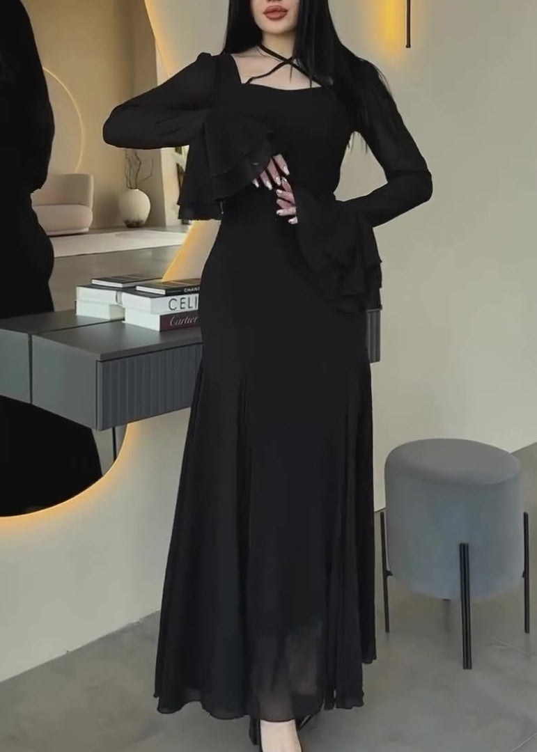 Slim Fit Blue U Neck Chiffon Maxi Dresses Butterfly Sleeve Ql038