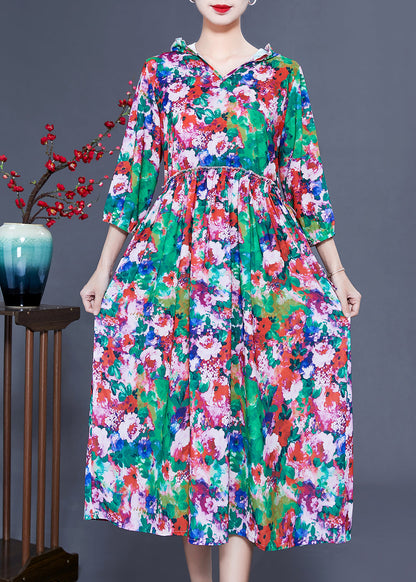Slim Fit Hooded Ruffled Print Silk Long Dresses Summer Ly0929