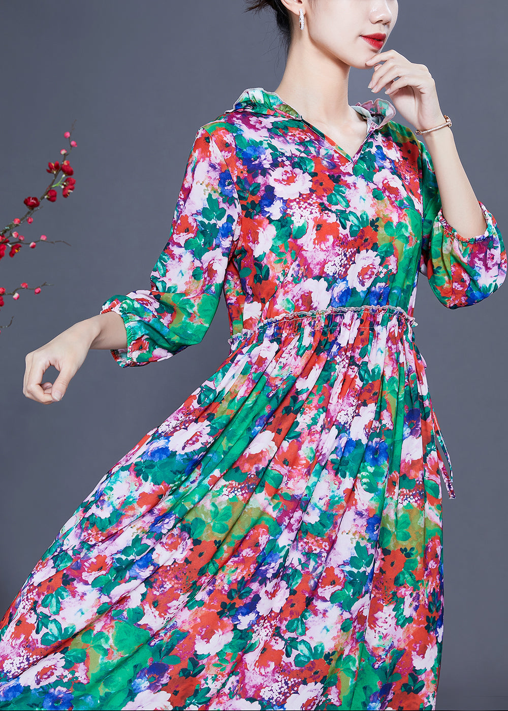 Slim Fit Hooded Ruffled Print Silk Long Dresses Summer Ly0929