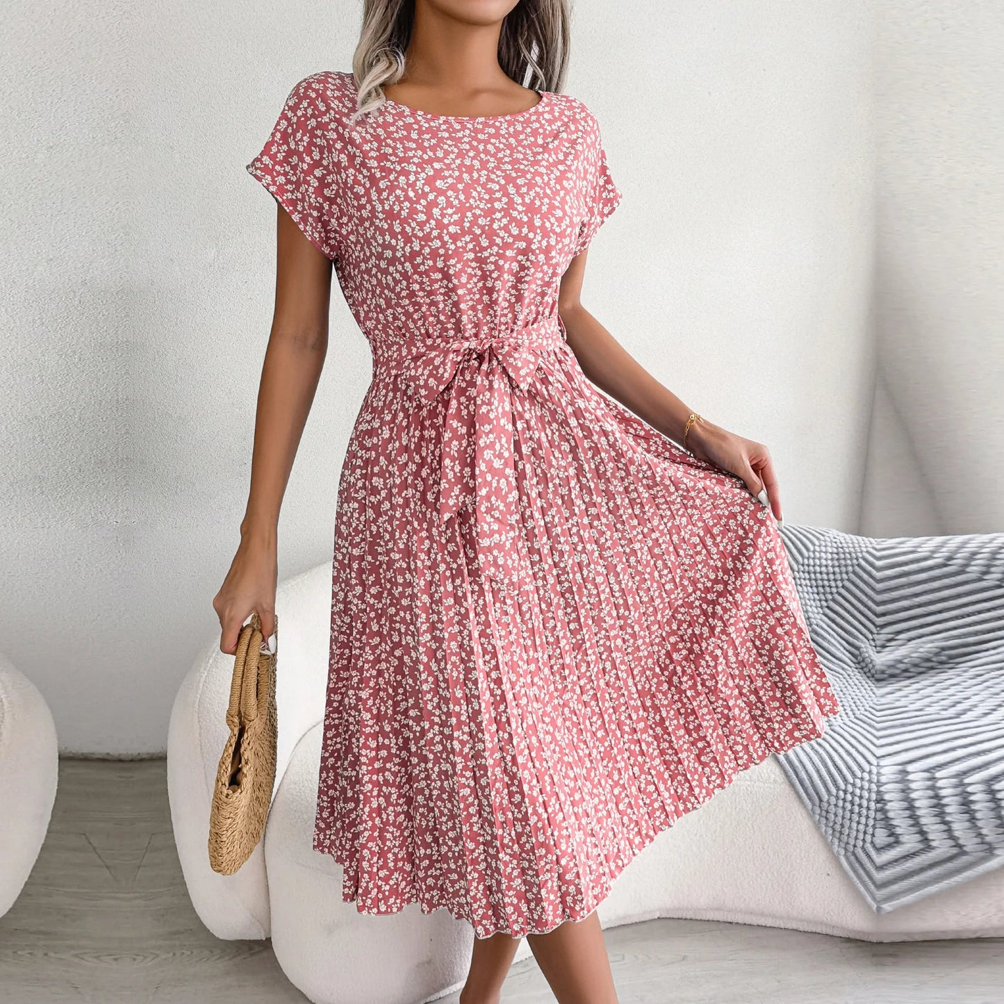 Spring Short Waist Pleated a Line Long Midi Dresses