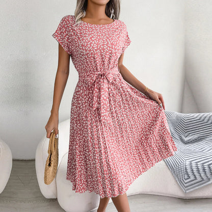 Spring Short Waist Pleated a Line Long Midi Dresses