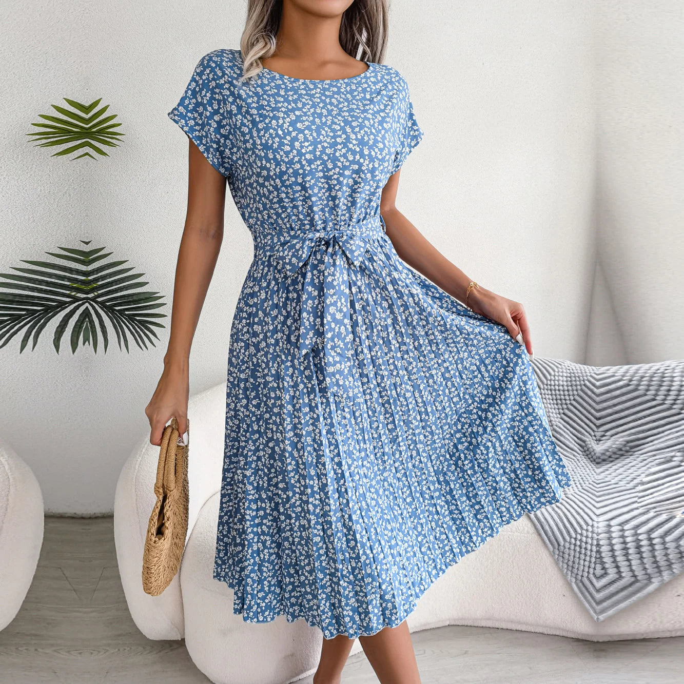 Spring Short Waist Pleated a Line Long Midi Dresses