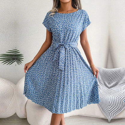 Spring Short Waist Pleated a Line Long Midi Dresses