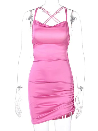Strap Mini Dress Ruched Lace Up Cross Bandage Backless Bodycon Party Club Christmas Slim