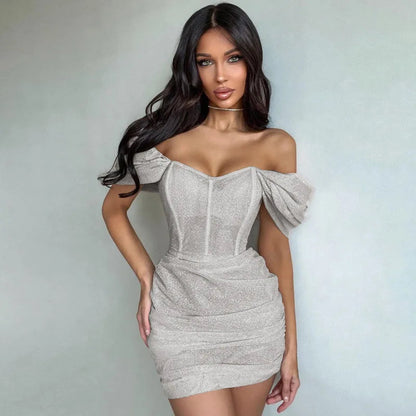 Off-shoulder Pleated Mini Dress