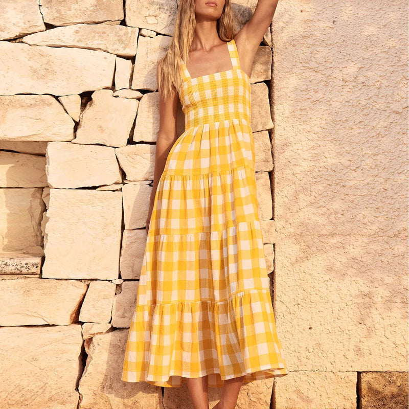 Fashionable Loose Strappy Plaid Vacation Beach Party Sleeveless Tiered Midi Dress