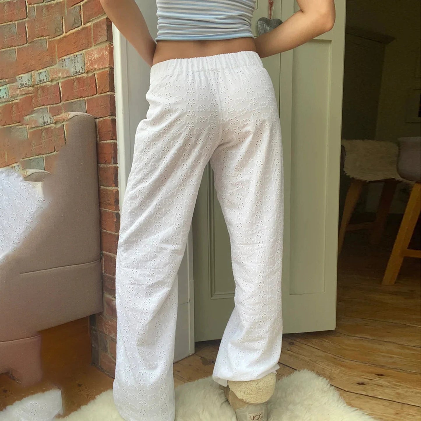 Summer Kawaii Eyelet Embroidery Palazzo Pant