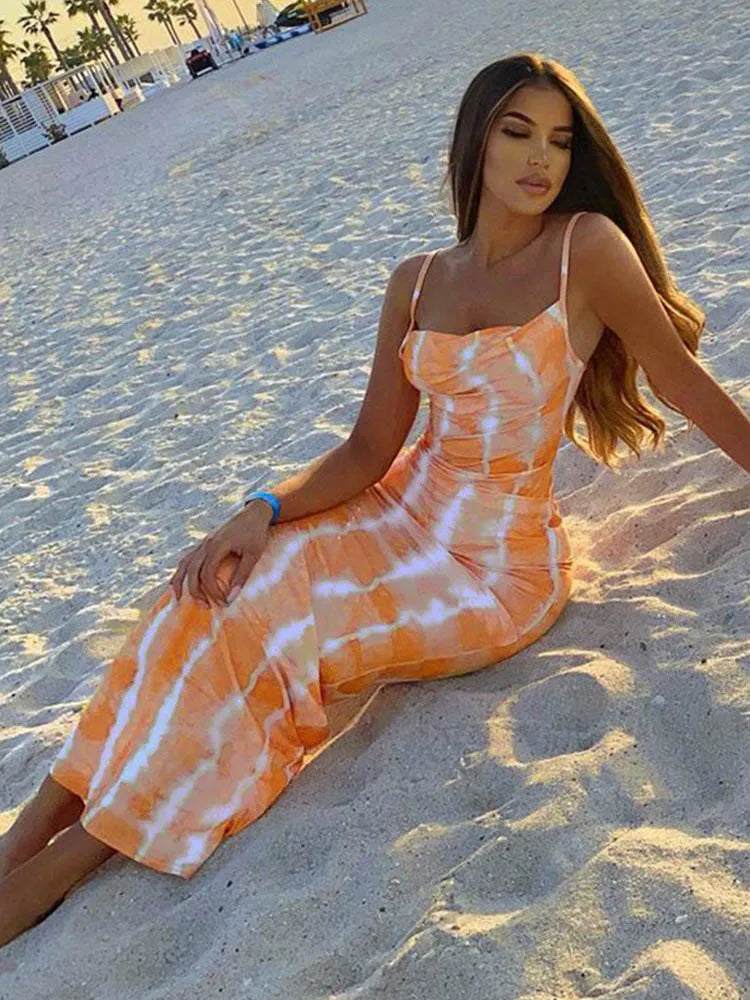 Summer Sleeveless Slim Printed Bodycon Long Female Midi Dresses