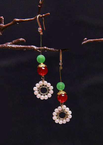 Sunflower Pearl Coral Long Drop Earrings