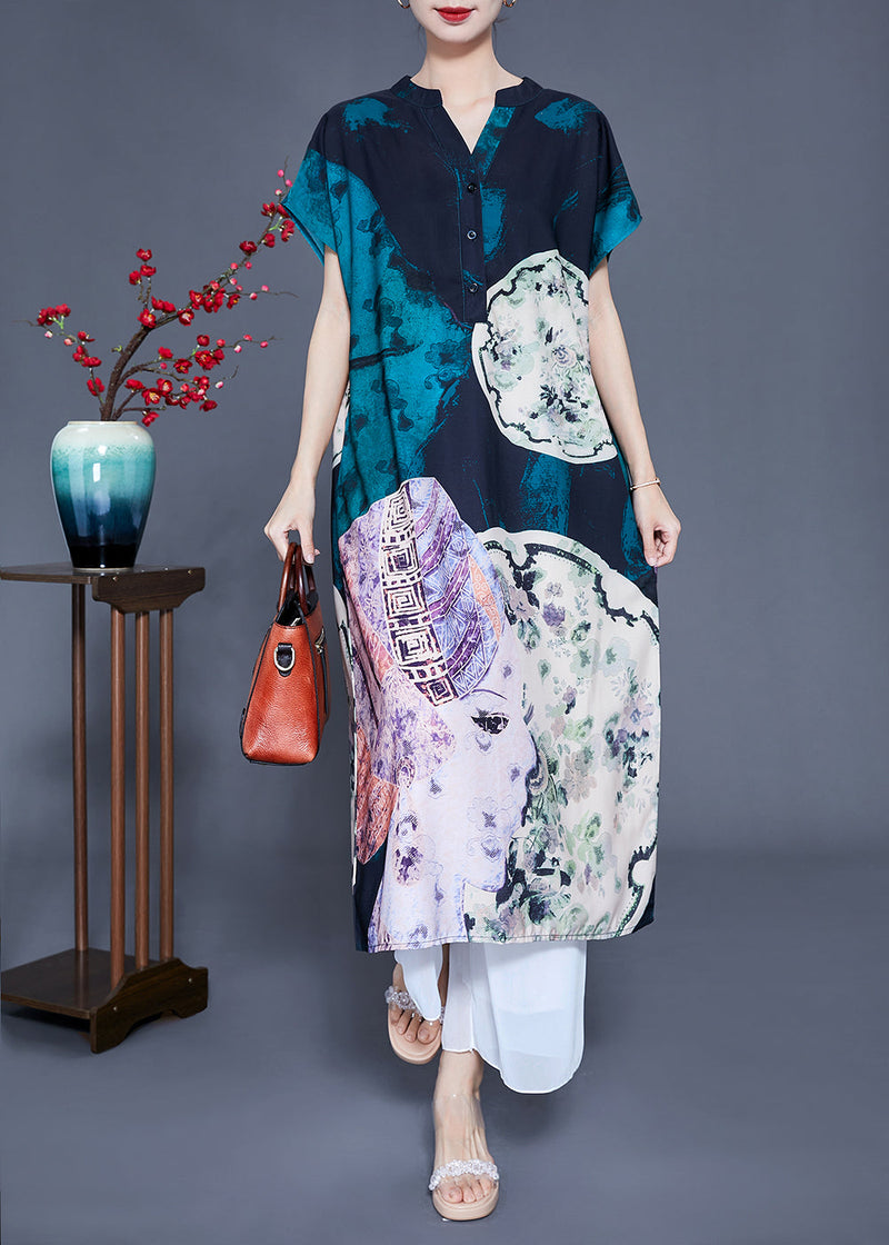 V Neck Original Design Print Silk Long Dress Summer Ly0932