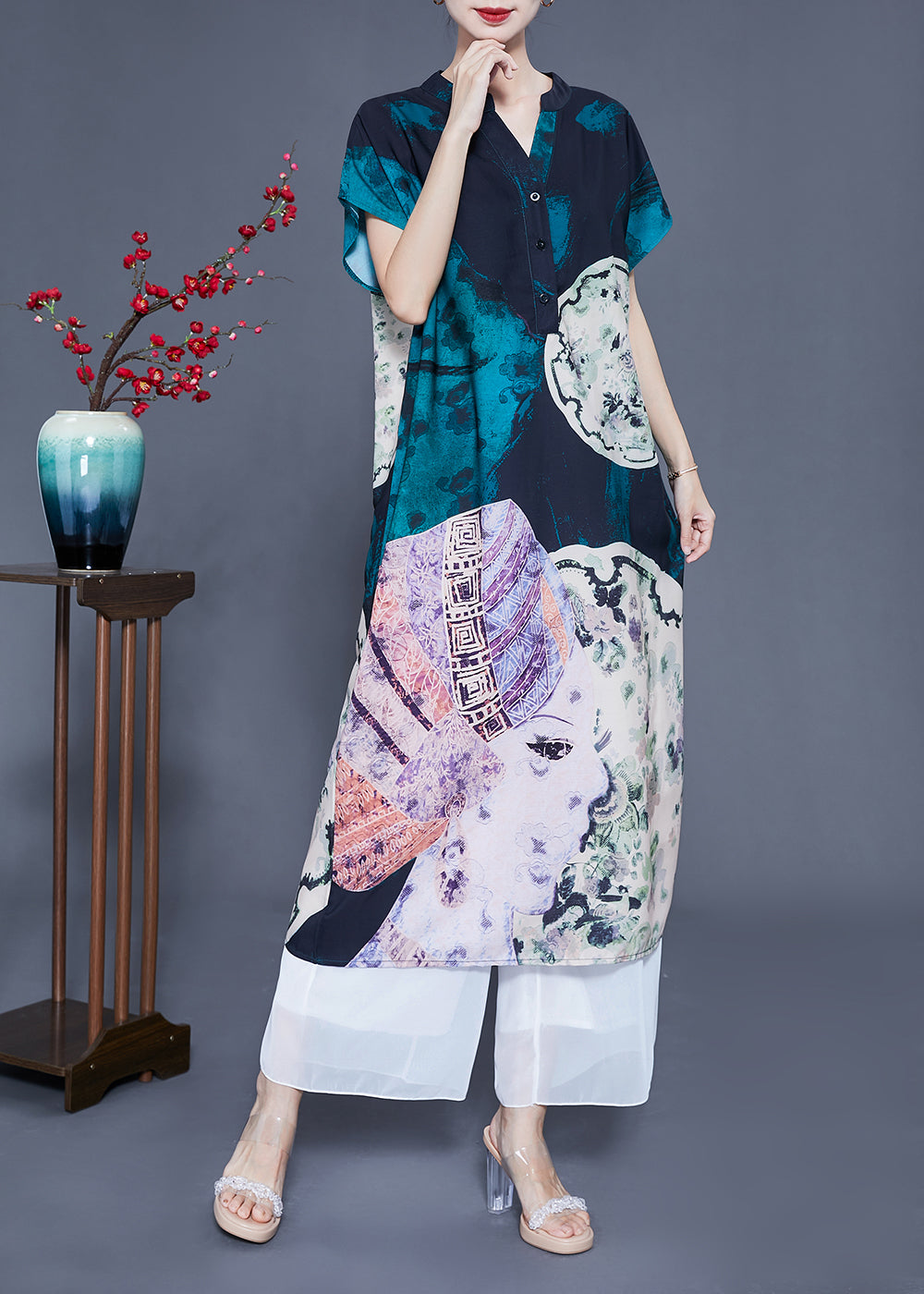 V Neck Original Design Print Silk Long Dress Summer Ly0932