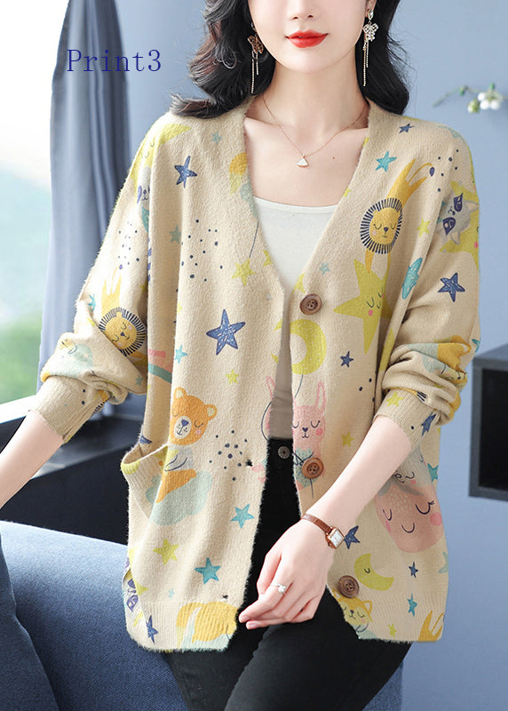 V Neck Print Pockets Woolen Cardigans Spring Tq022