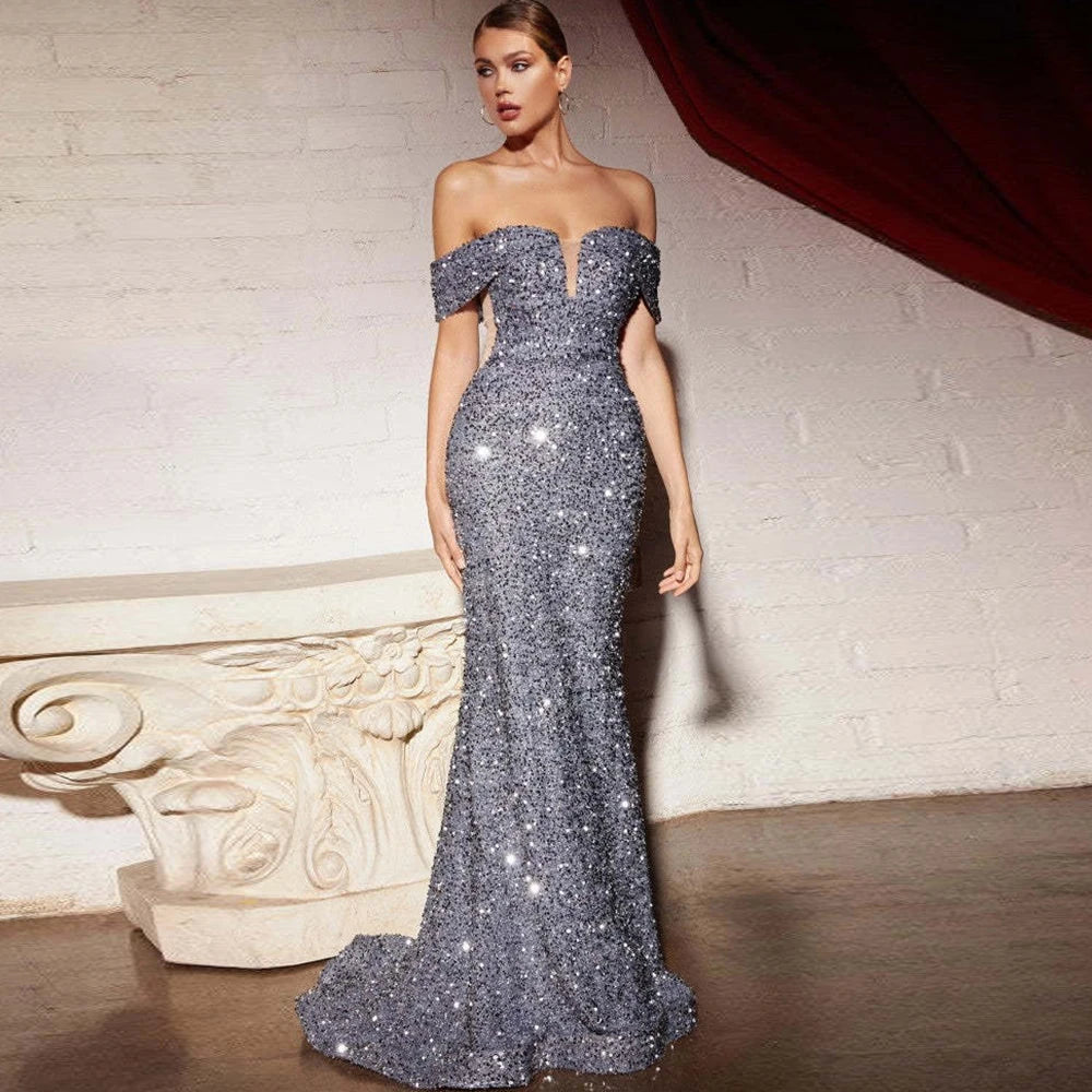 Sequined V-neck Slim Evening Maxi Dress