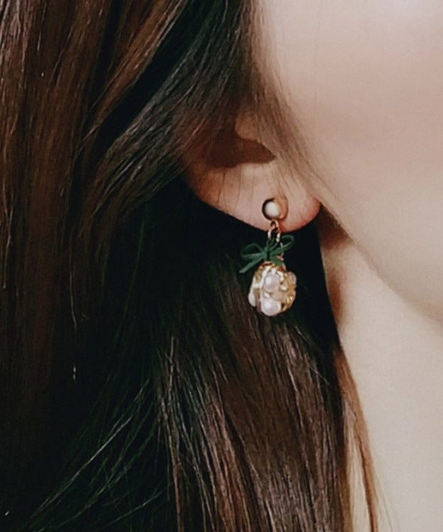 White Alloy Pearl Bow Drop Earrings