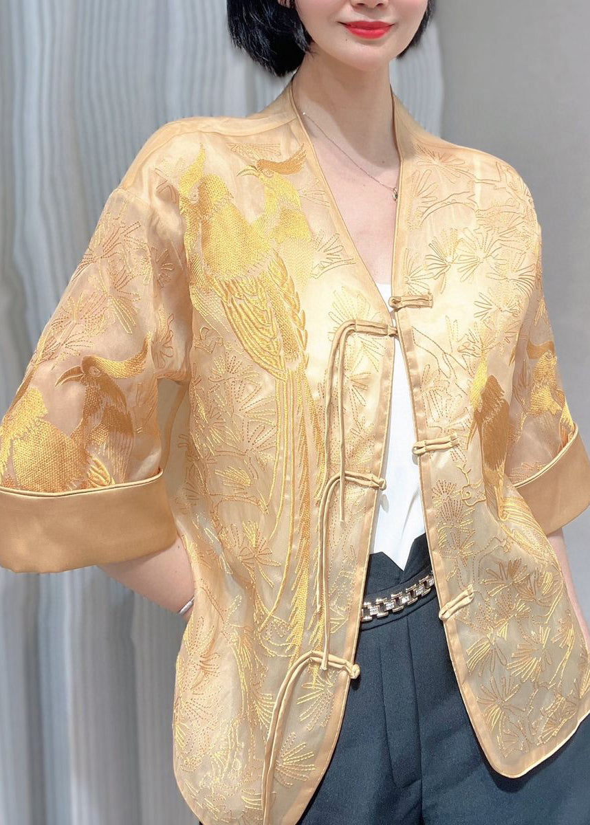 White Embroidered Button Silk Blouse Summer Qa1040
