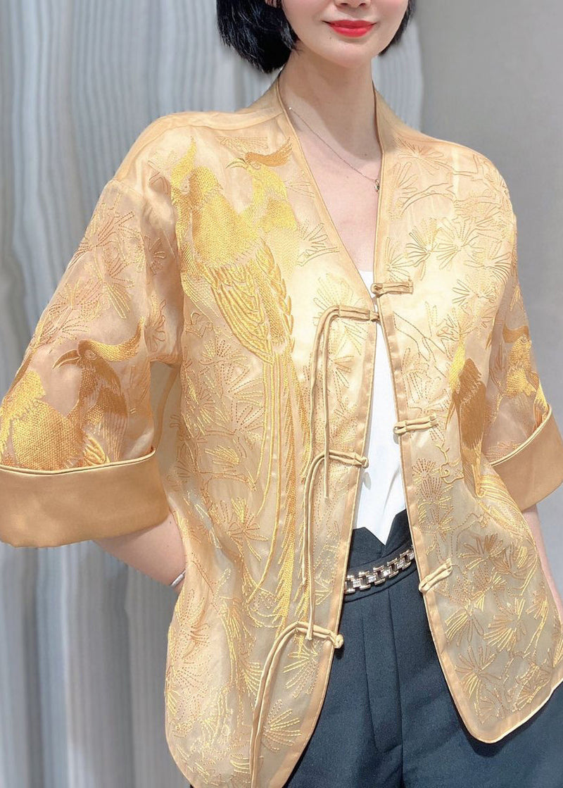 White Embroidered Button Silk Blouse Summer Qa1040