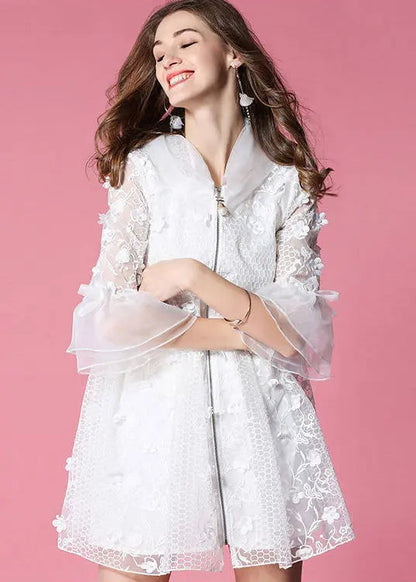 White Hooded Embroidered Tulle Mini Dresses Flare Sleeve Ha1037