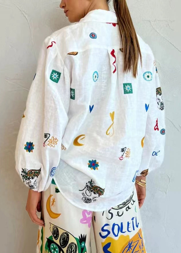 White Peter Pan Collar Button Print Cotton Blouses Long Sleeve Ff094
