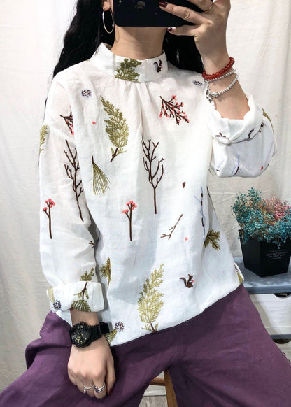 White Stand Collar Embroidered Linen Blouses Long Sleeve Gh1036