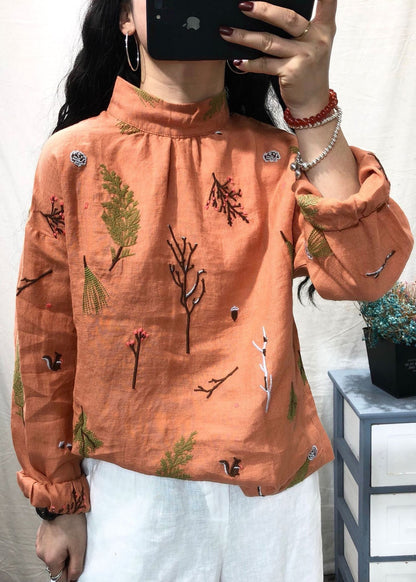 White Stand Collar Embroidered Linen Blouses Long Sleeve Gh1036