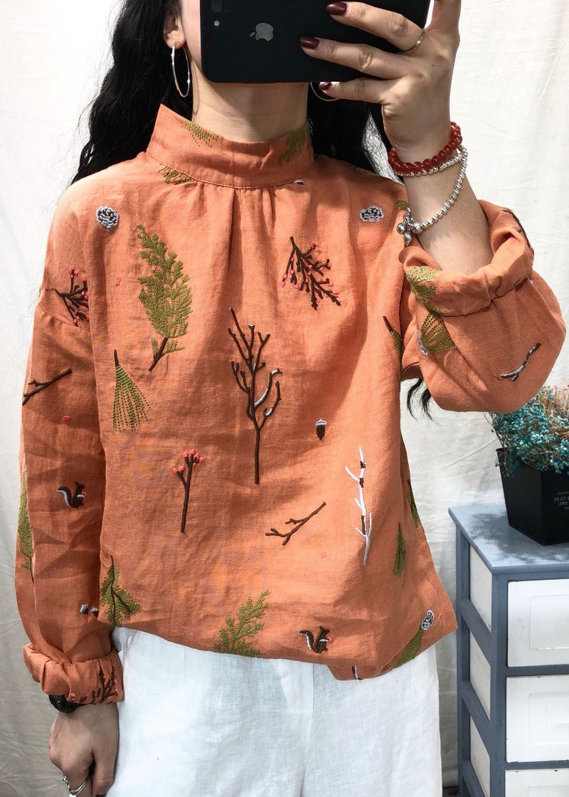 White Stand Collar Embroidered Linen Blouses Long Sleeve Gh1036