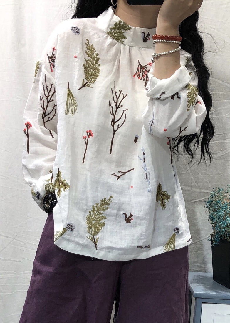 White Stand Collar Embroidered Linen Blouses Long Sleeve Gh1036