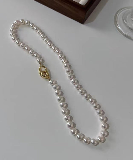 White Sterling Silver Overgild Pearl Beading Graduated Bead Necklace