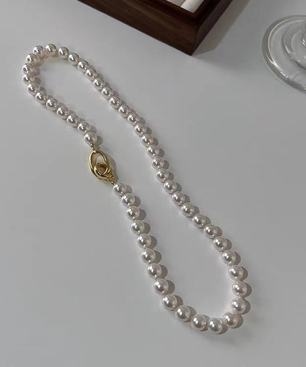 White Sterling Silver Overgild Pearl Beading Graduated Bead Necklace